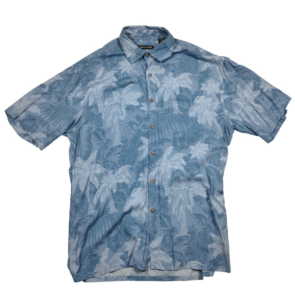 Pierre Cardin Button Down Shirt Men M Blue Palm Tree Tropical Rayon Short Sleeve